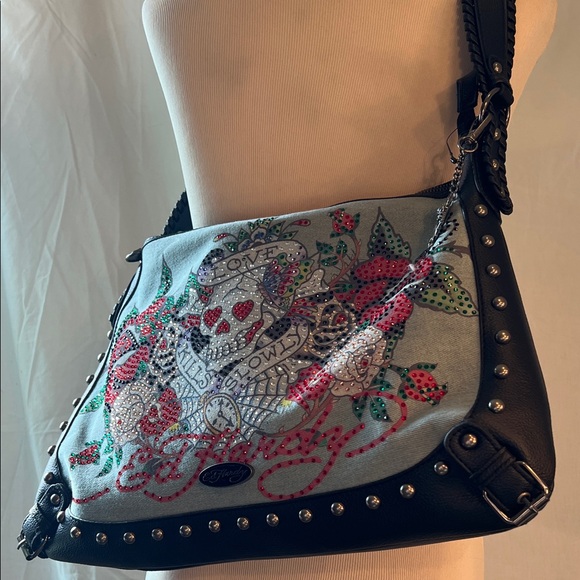Ed Hardy Light Blue and Black Embroidered Skull & Rose Shoulder Bag - Picture 2 of 12